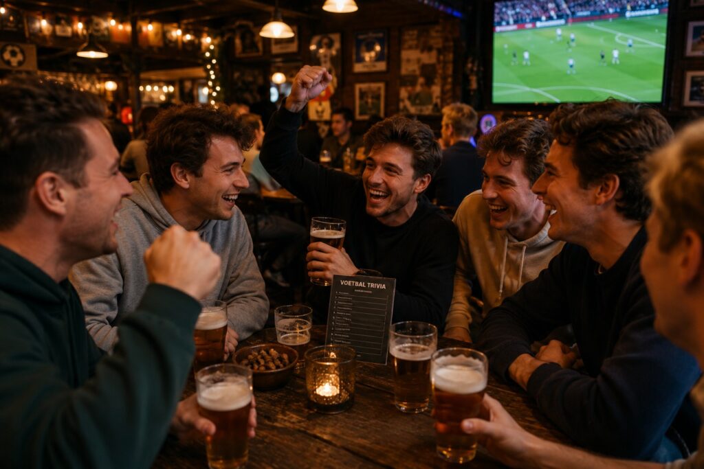 Vrienden die voetbal kijken in de kroeg